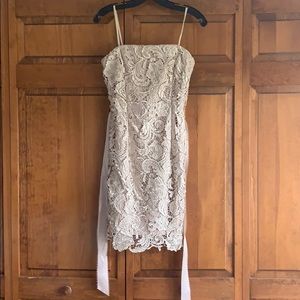 Strapless gold lace Cache dress.